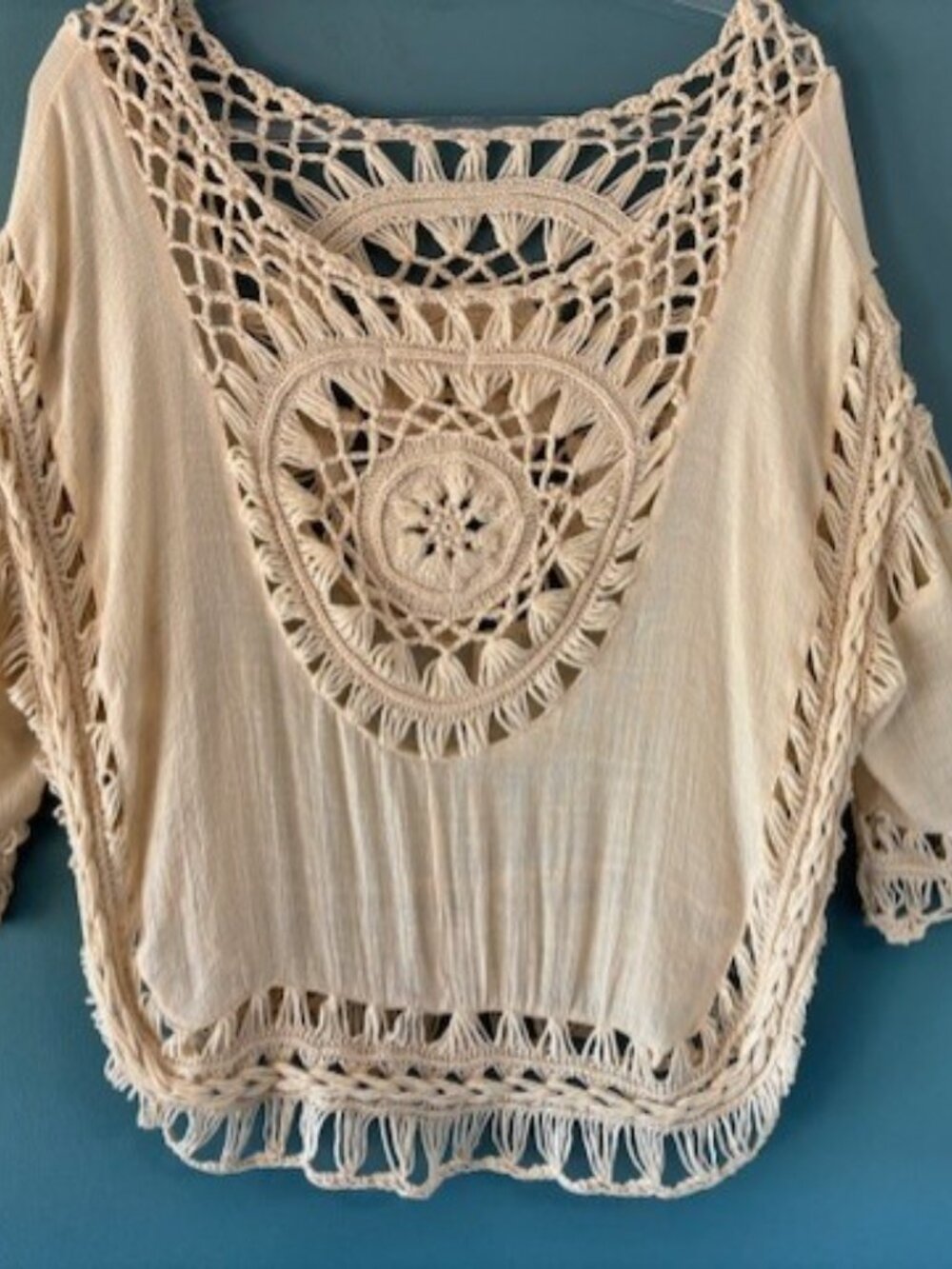 Rebellion Again Crocheted Ivory Cream Top Open Knit Scallop Hem L Boho Beachy